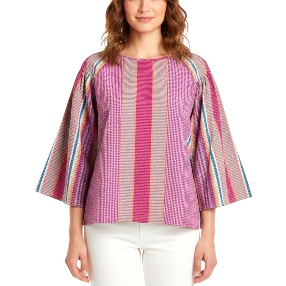 NEW IVY JANE Bell Sleeve Mixed Print Gingham Stripe Tunic Top Size M Artsy Boho